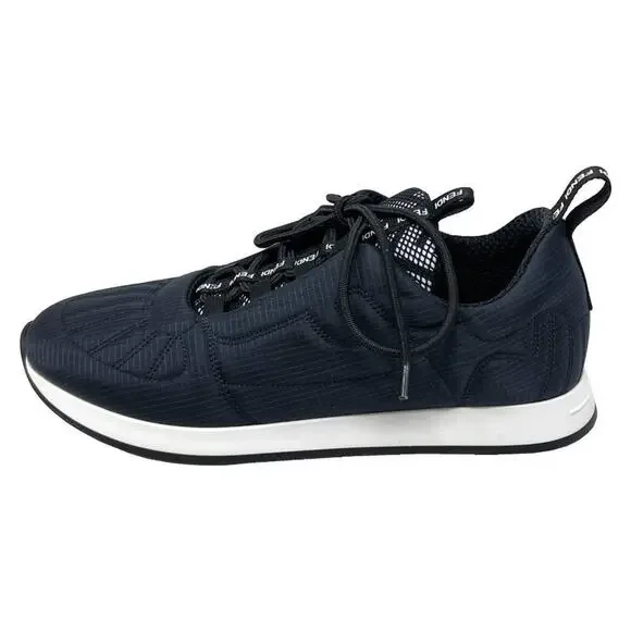 Fendi Trainers Navy Blue Quilted Nylon FFreedom‎ Logo White Sole Sneakers- 37.5